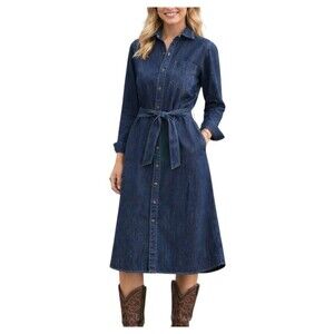 Lauren Ralph Lauren Denim Shirt Dress Size 4 Belted Maxi 50" Long Sleeve Button